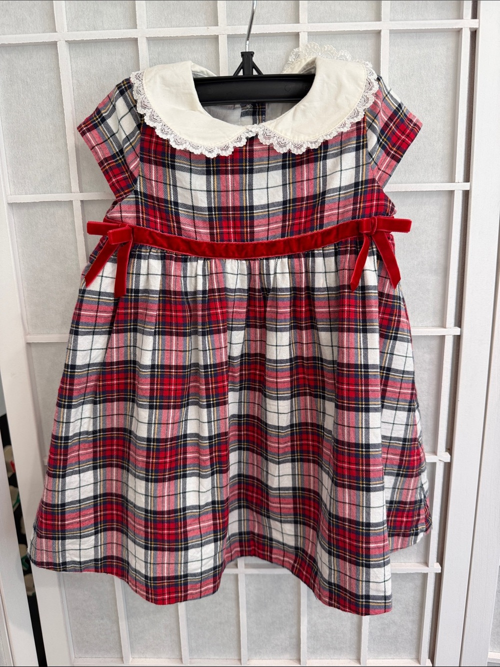 Janie and Jack Girls Red Plaid Dress with Lace Peter Pan Collar Size 6-12M
